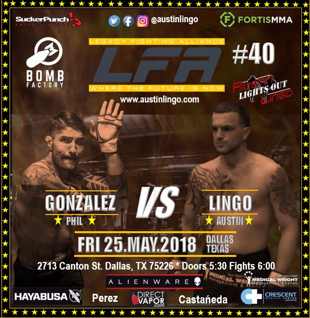 austinlingo's tweet photo. 2 more days. MMA fights live at @bombfactorydfw for LFA #40. Get your tickets now. #LightsOut #LightsOutLingo #undefeated #pro #mma #fights #dallas #tx #Texas #dfw #DFWMMA #deepellum #txmma @LFAfighting @AXSTVFights https://t.co/jsdKVPs18v