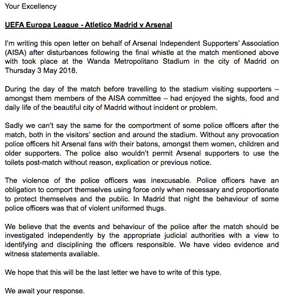 Arsenal supporters handed a letter to Spain's ambassador to the UK this afternoon after fans were assaulted by Spanish police following the Europa League semi-final earlier this month.