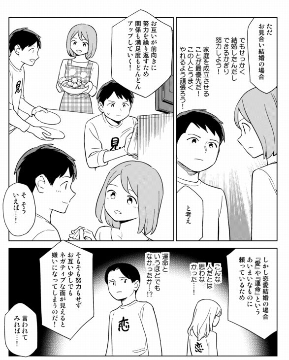 「お見合い結婚」と「恋愛結婚」では、「お見合い結婚」の方が、満足度が高くなります。 