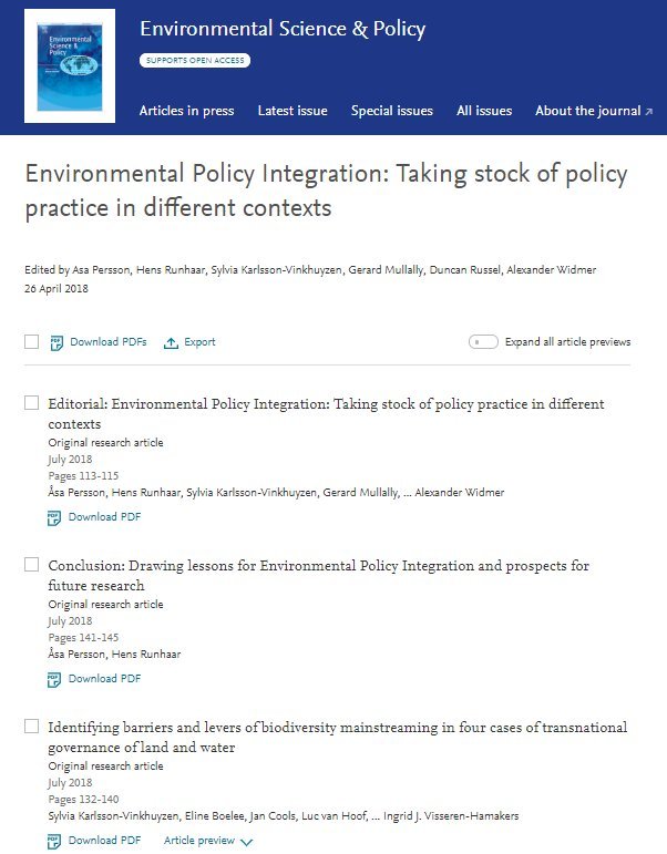 NEW Special Issue on 'Environmental Policy Integration: Taking stock of policy practice'. Nine empirical papers with editorial and conclusions by me and @HensRunhaar1. Thanks @ESG_Project  and Env Sci & Pol journal! www-sciencedirect-com.ezp.sub.su.se/journal/enviro…