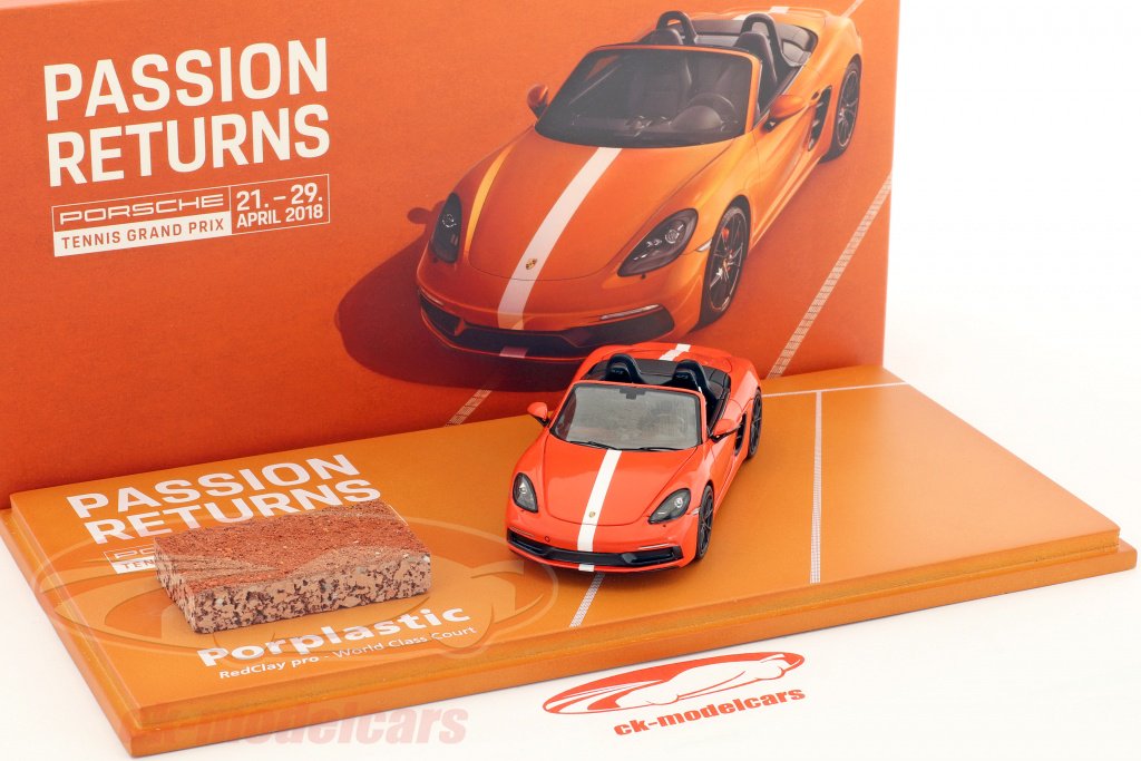 CkModelcars's tweet photo. #Porsche 718 #Boxster 2018 #porschetennis #modelcars #modellautos scale 1:43 lim 300 pcs #lavaorange mit weißem Dekorstreifen mit einem Stück original Tennisboden #Porplastic by #Spark 👏👏👏👏👏#70JahrePorsche #SportscarTogether https://t.co/tQSdnSHfZT https://t.co/msgJ9laJpo