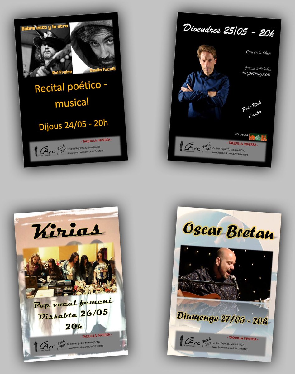 LArcMataro's tweet photo. Aquesta setmana comencem dijous un cap de setmana intens amb propostes molt interessants! Poesia, rock, pop, cançó d’autor, versions, ... @LArcMataro @somLMALF https://t.co/bKR3PrjIge