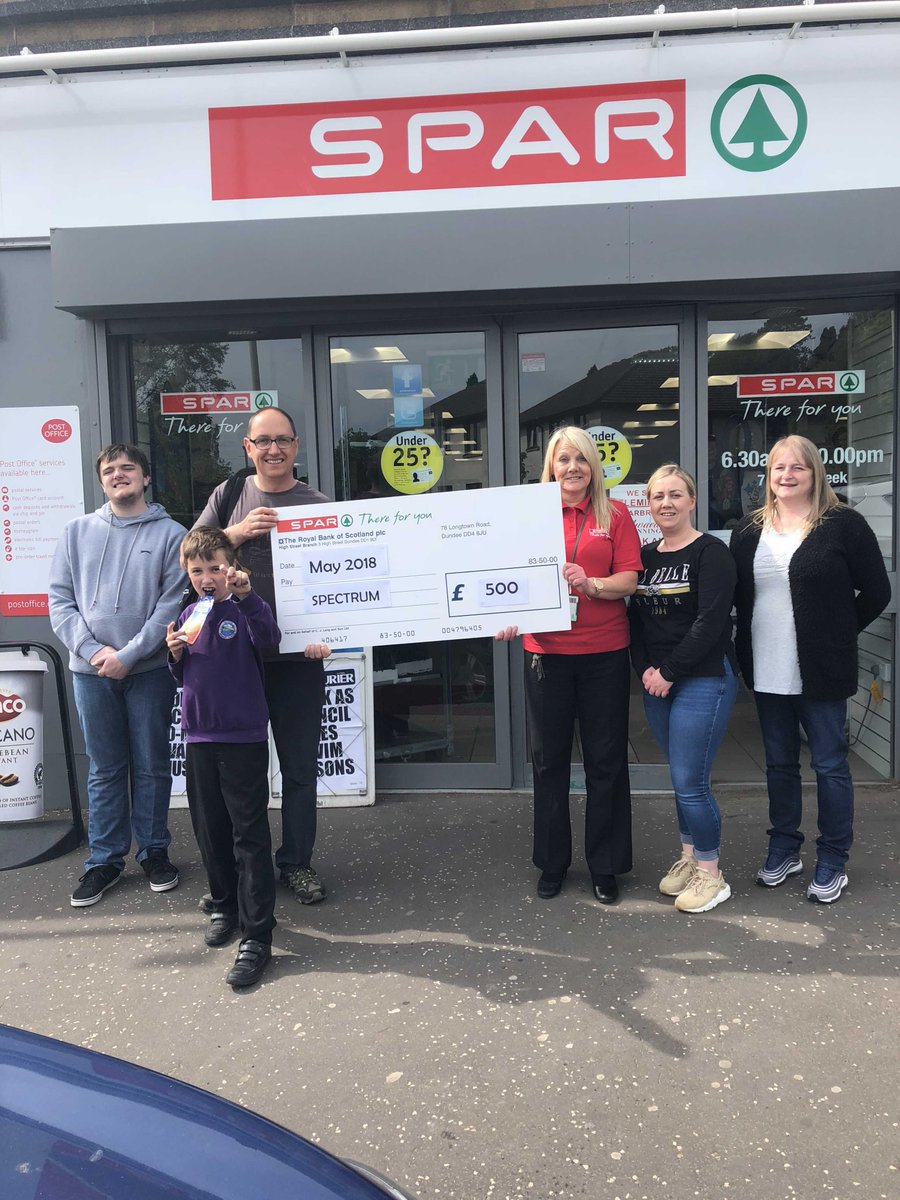 SPARScotland's tweet image. SPAR Glamis Road has donated £500 from their carrier bag fund to Spectrum, an after school club for children with autism in Dundee. Meanwhile SPAR Ladybank donated bottled water to a local primary school for their Sports Day! #localcauses