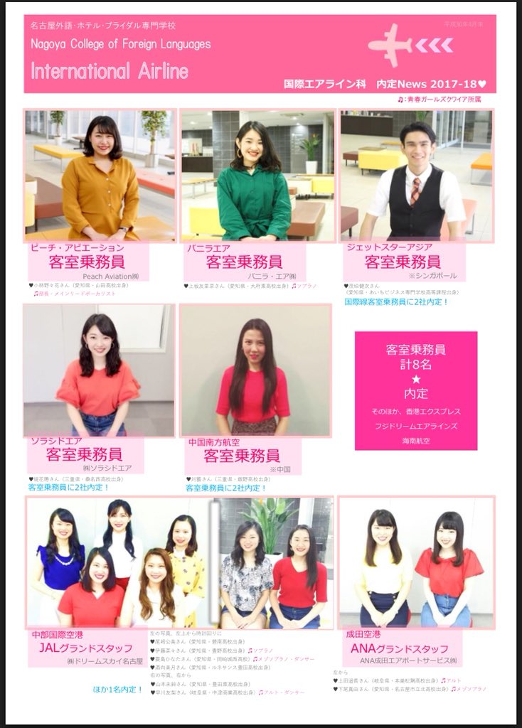 名古屋外語 ホテル ブライダル専門学校 Pa Twitter 国際エアライン科です 昨年度卒業生の内定 実績 ホームページにも掲載していますが オープンキャンパスでお配りしている内定実績一覧をtwitterでもお届け 客室乗務員 のべ8名 グランドスタッフ もご覧の 名古屋外語 ホテル ブライダル専門学校 Pa Twitter 国際エアライン科です 昨年度卒業生の内定 実績 ホームページにも掲載していますが オープンキャンパスでお配りしている内定実績一覧をtwitterでもお届け 客室乗務員 のべ8名 グランドスタッフ もご覧の