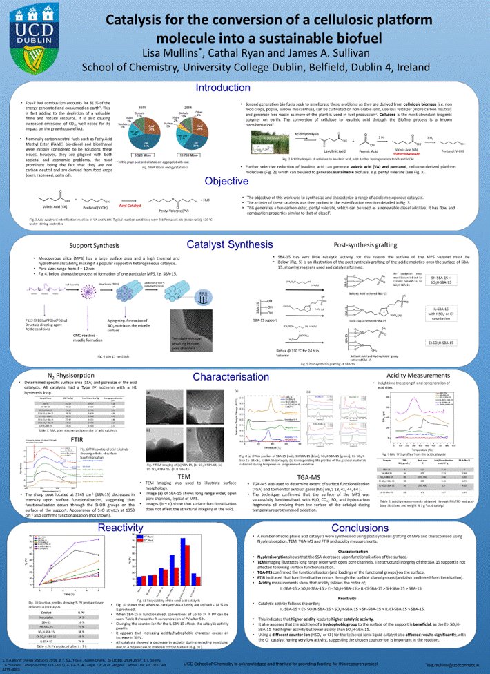 UCDEnvSusChem's tweet photo. Here we go..
Catalysis for the conversion of a cellulosic platform molecule into a sustainable biofuel. #ACGPoster #Energy.
The work of graduate student – Lisa Mullins (and a stage 4 project student Cathal Ryan) in pentyl valerate formation over grafted ionic liquid catalysts. https://t.co/F3MHFZPaf5