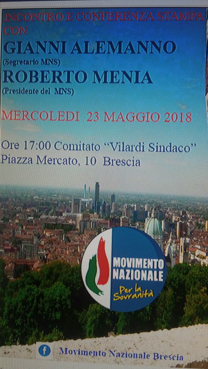 robertomenia's tweet photo. #amministrative2018
Oggi a #Brescia con @AlemannoTW 
Il @MNS_nazionale parte dai #territori. https://t.co/38LT8IlMLc