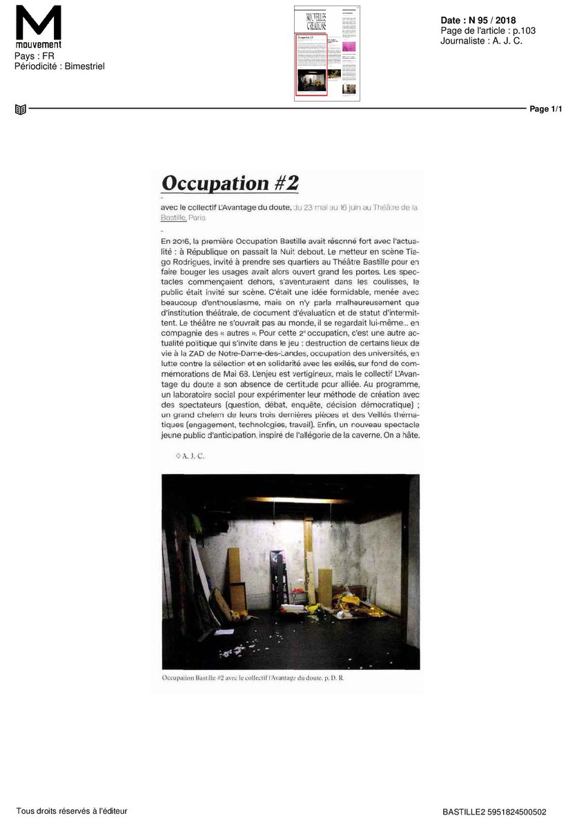 ThdelaBastille's tweet photo. 📰#OCCUPATION2 on en parle dans @Telerama et @Mouvementrevue ! Parcourez les articles pour comprendre cette nouvelle OCCUPATION et les enjeux et questions posés par le collectif L'Avantage du doute. Il occupera le #théâtre jusqu'au 16 juin ! https://t.co/zkAr4Xd2hK