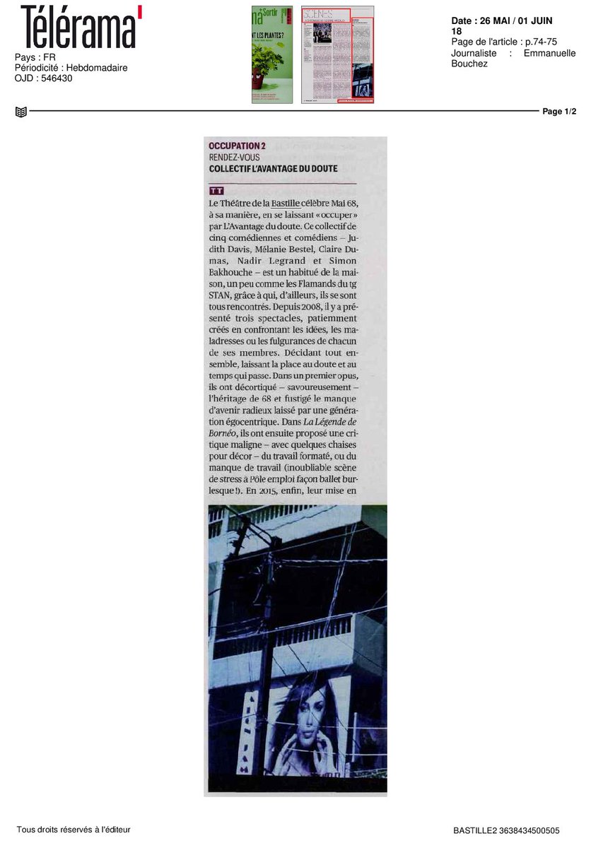 ThdelaBastille's tweet photo. 📰#OCCUPATION2 on en parle dans @Telerama et @Mouvementrevue ! Parcourez les articles pour comprendre cette nouvelle OCCUPATION et les enjeux et questions posés par le collectif L'Avantage du doute. Il occupera le #théâtre jusqu'au 16 juin ! https://t.co/zkAr4Xd2hK