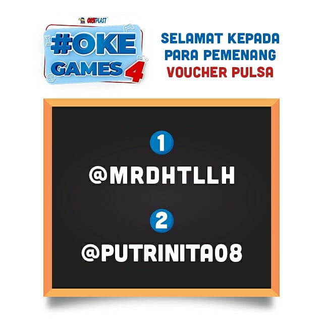 oke_plast's tweet photo. Hai guys, selamat untuk pemenang #okegames 
Kirimkan data diri kamu seperti Nama, Alamat, dan Nomor Handphone melalui jalur DM. 
Buat kamu yang belum menang, ikuti terus media sosial @oke_plast ya, karena akan ada kompetisi yang lebih seru lagi!
#Okeplast #okeplastpastioke https://t.co/AMwZblqGfS