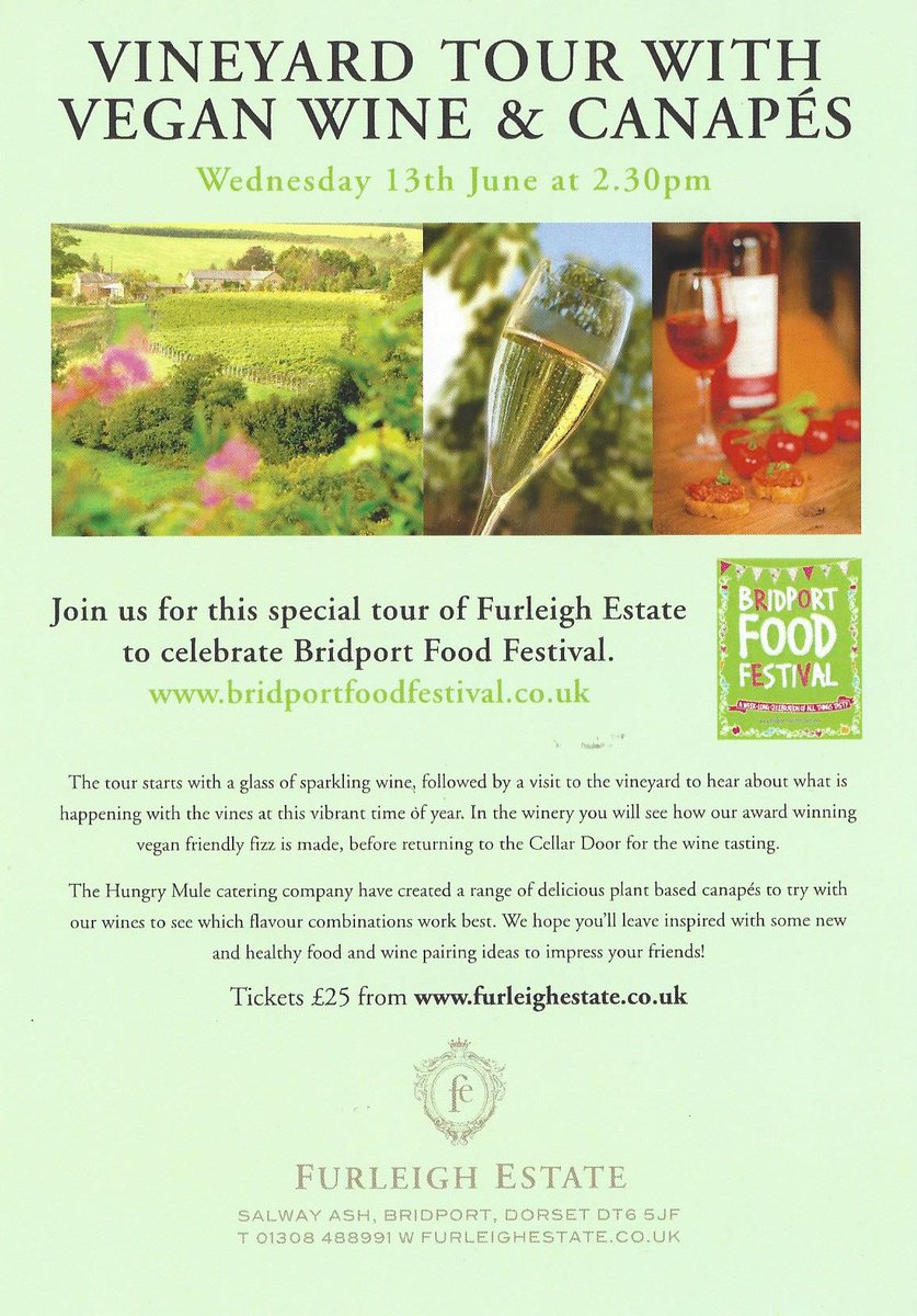 Furleigh Estate (@furleighwine) on Twitter photo We can't wait for <a href="/BridportFoodFst/">BridportFoodFestival</a> next month. We have a special #Vegan friendly vineyard tour on 13.06.18 with canapes from <a href="/hungry_mule/">Hungry Mule Catering</a> and Furleigh wine made from grapes grown in #Dorset. Tickets bit.ly/2J2XdVp. #winelovers #SummerIsHere #veggies We can't wait for <a href="/BridportFoodFst/">BridportFoodFestival</a> next month. We have a special #Vegan friendly vineyard tour on 13.06.18 with canapes from <a href="/hungry_mule/">Hungry Mule Catering</a> and Furleigh wine made from grapes grown in #Dorset. Tickets bit.ly/2J2XdVp. #winelovers #SummerIsHere #veggies
