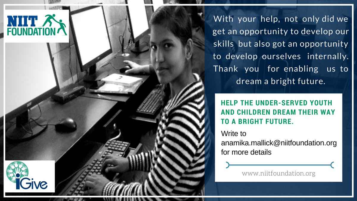 NIIT_Foundation's tweet photo. Your contribution can help the #underserved Youth and Children dream their way to a bright future.
Click the link to donate now - https://t.co/TxbgQ6gXUJ
#reachingtheunreached #skillindia #changemakers #FutureReady #internaltransformation https://t.co/6hbEuIZyH5