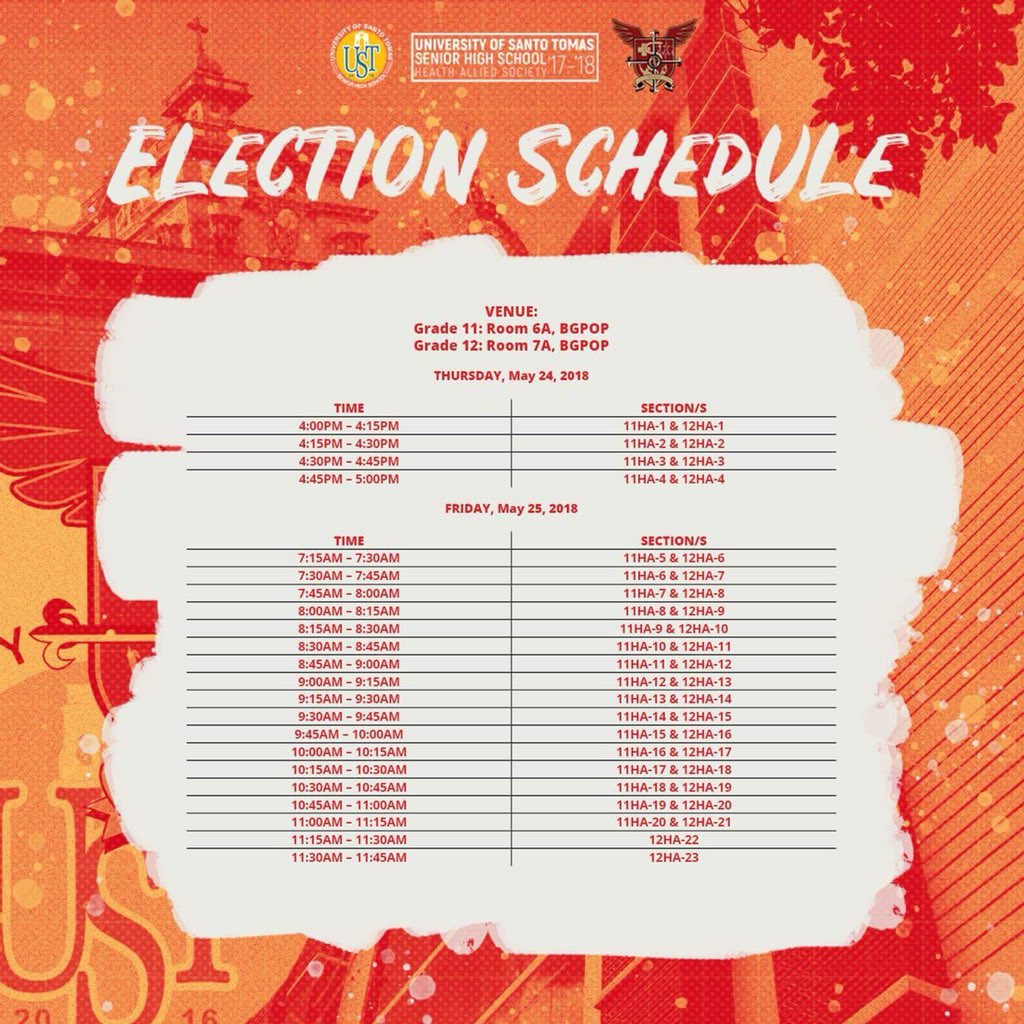 ustshshasoc's tweet photo. What’s up, HA! This week, you are given the power to choose your next Health Allied Society student-leaders.
Kindly follow the schedule for each class provided below to ensure an organized election period.
#HAlalan2018 #TatakHA https://t.co/QUCttNCzkv