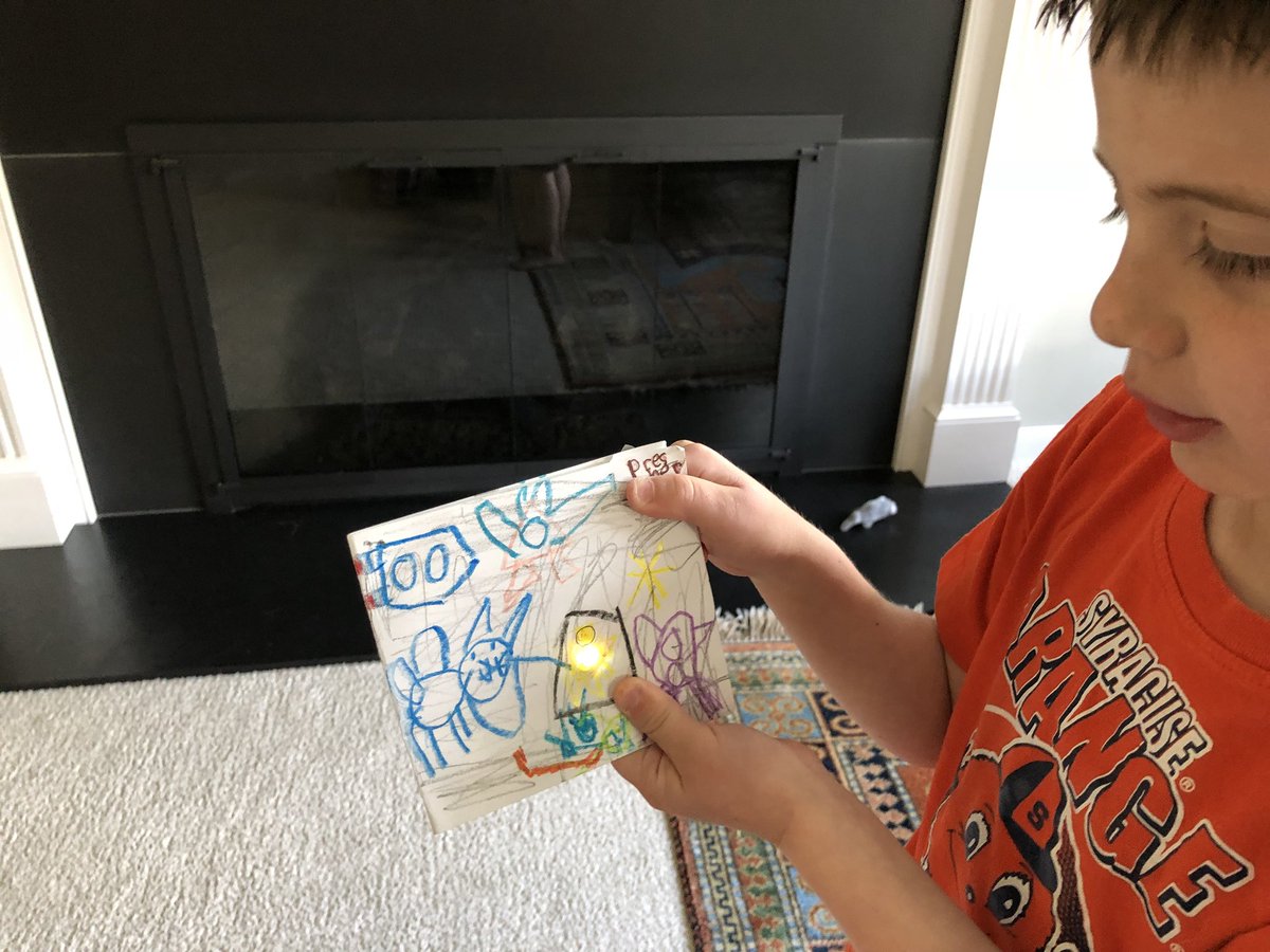 ErikLindemann_'s tweet photo. My Kindergartener came home with a paper circuit he uses to tell origin stories about Super Cat. He hasn’t put it down. Thanks Mrs. Miller and Mrs. Croft. @remakelearning @chibitronics @AgencybyDesign https://t.co/WRDjoLJ4zJ