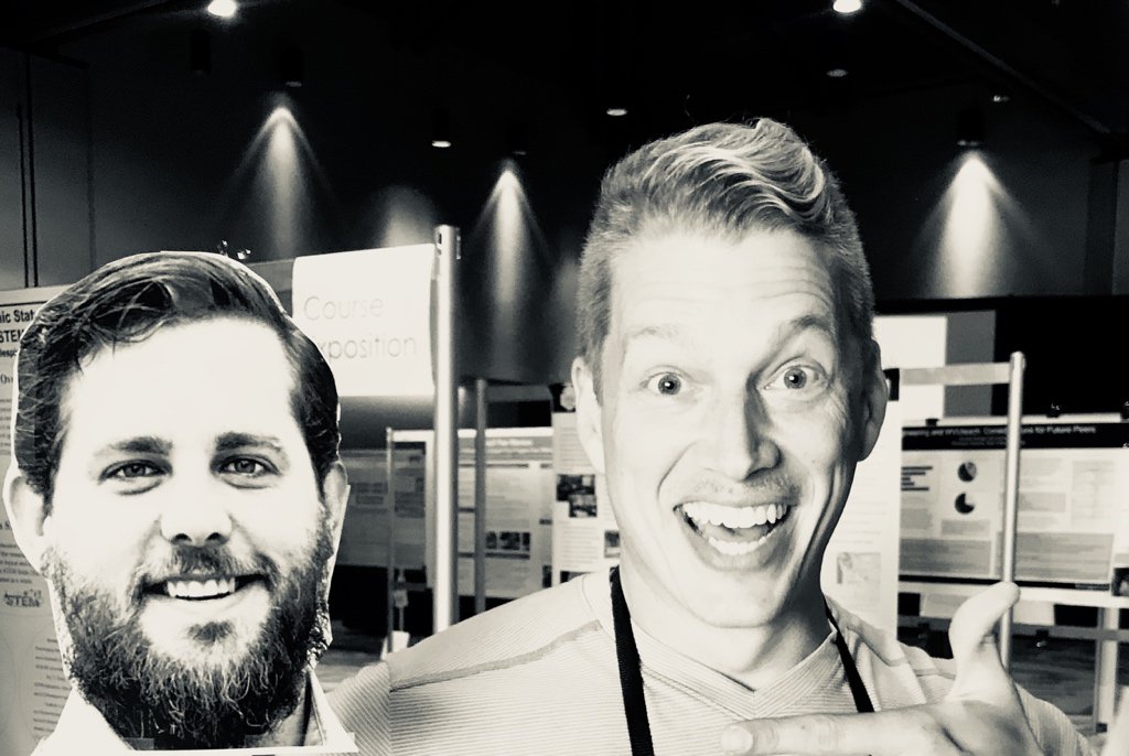 shawnarr's tweet image. Our photographer, Brett, hanging out with our coworker, Mike, at the conference reception last night. 😜 @degraff #UTeachConf