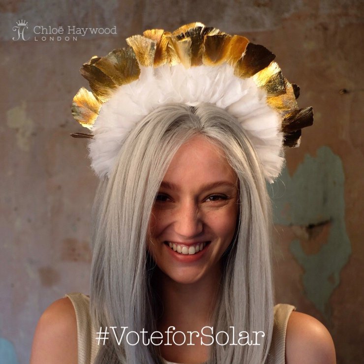 ChloeHaywoodLON's tweet photo. Our eco-chic golden halo Solar, is on the shortlist for People's Choice Award at the #mgso4festival! Please #VoteForSolar here? https://t.co/uuura8W4Sf https://t.co/gknClAbZEn
