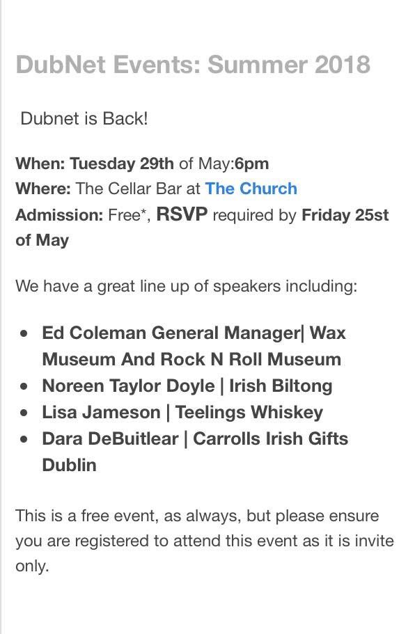 Next Tue 29th May the tourism networking business evening is on in The Church Venue on Jervis Street, Dublin!! @thechurch_ie 
I’ll be there!! Telling you about ... guess what...The #IrishBiltong Story!!! 
Invite only. 
Email: angela@trainability.ie for any information #DubNet