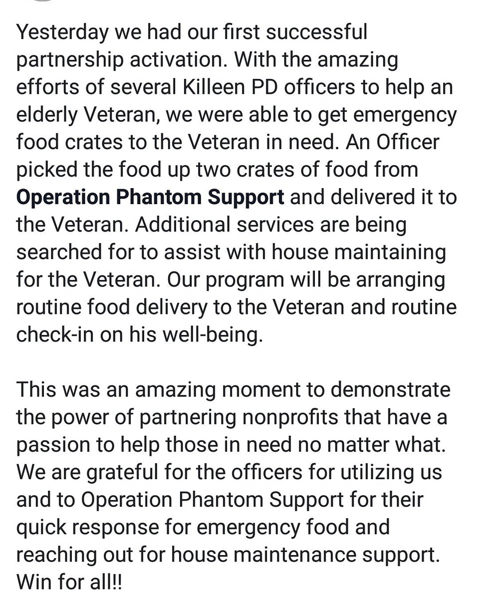 LineKilleen's tweet photo. Yesterday we had our first successful deployment with our partnership with Operation Phantom Support to help Killeen Police Officers assist an elderly Veteran in need. Win for all!!
#fightforvets #veterancrisislinekilleen #mission22 #stopsoldiersuicide #veterans #kpd https://t.co/IgCI4yecth