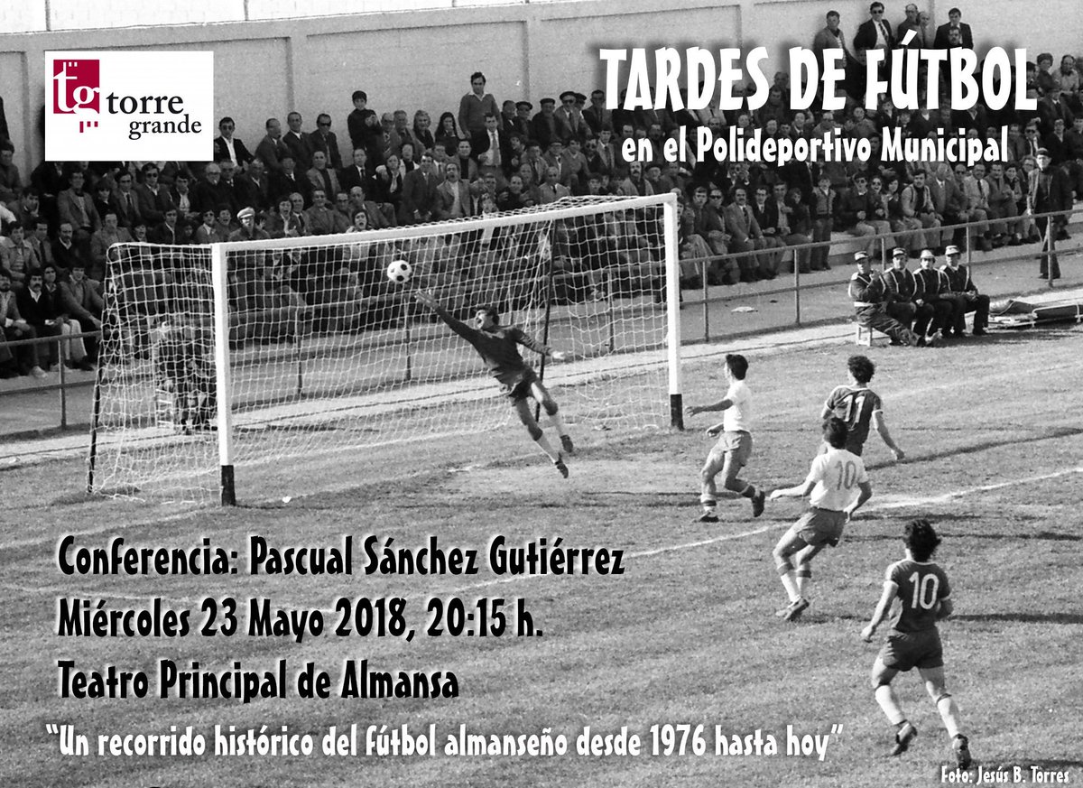 Esta tarde para los amantes del fútbol almanseño hay un acto que no nos podemos perder.

A las 20:15 h, en el Teatro Principal de <a href="/AlmansaCiudad/">AlmansaCiudad</a> una conferencia a cargo de <a href="/pascualsg73/">🖋📸 ⚽ Pascual Sánchez</a>.

TARDES DE FUTBOL en el Polideportivo Municipal.

Estáis todos invitados a un paseo histórico.