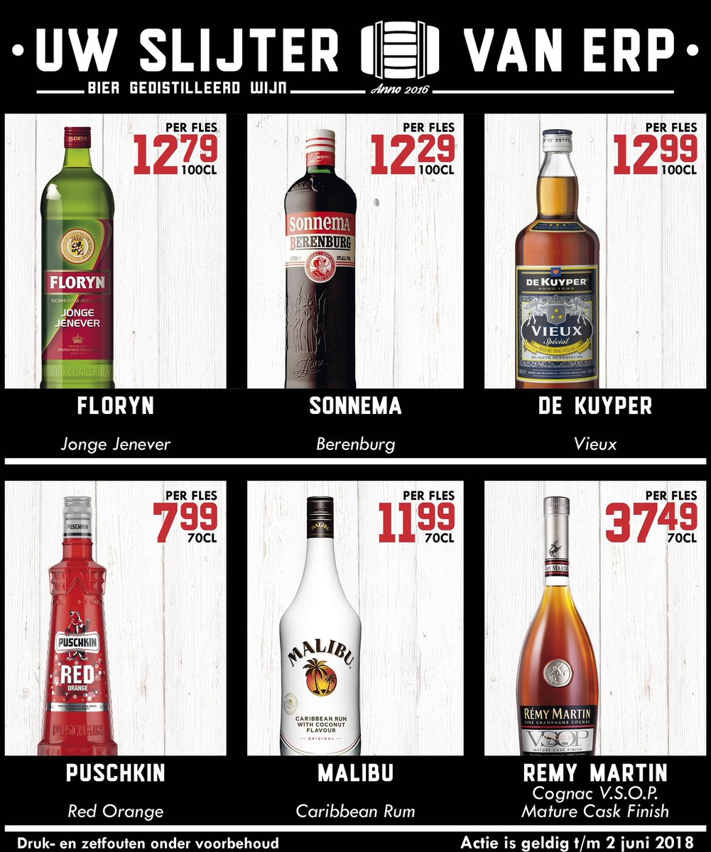 *Nieuwe Acties*

 #Floryn #Sonnema #KuyperVieux #PuschkinRed #Malibu #RemyMartin

Uw Slijter Van Erp #Groningen #Roden