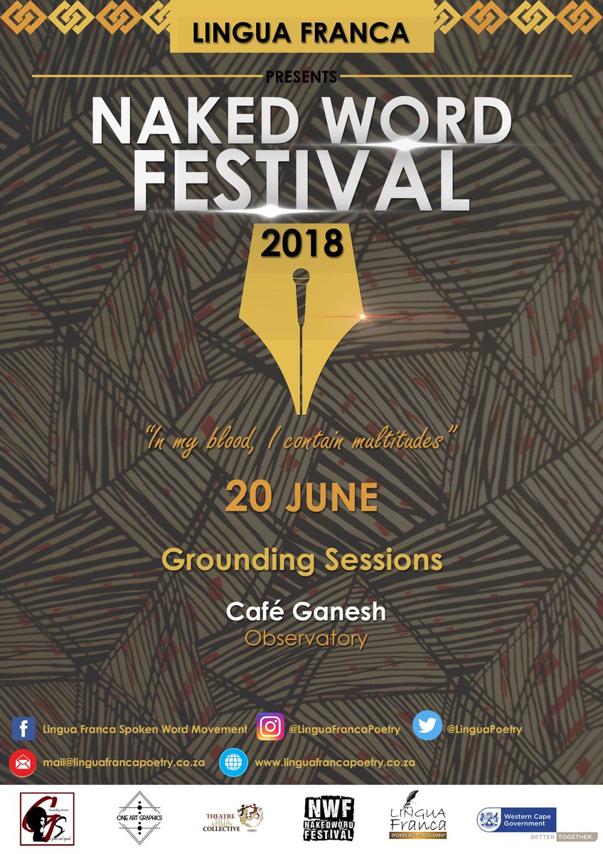 LinguaPoetry's tweet photo. What would Lingua Franca be without the support of the poetry community! We are back at it again
Naked Word Festival 2018
"In my blood, I contain multitudes"
#NakedWordFest2018
#LinguaFranca
#Poetry
#SpokenWord
Poster design by the dope Cleo Febana of One Art Graphics https://t.co/zQn5yVCloG
