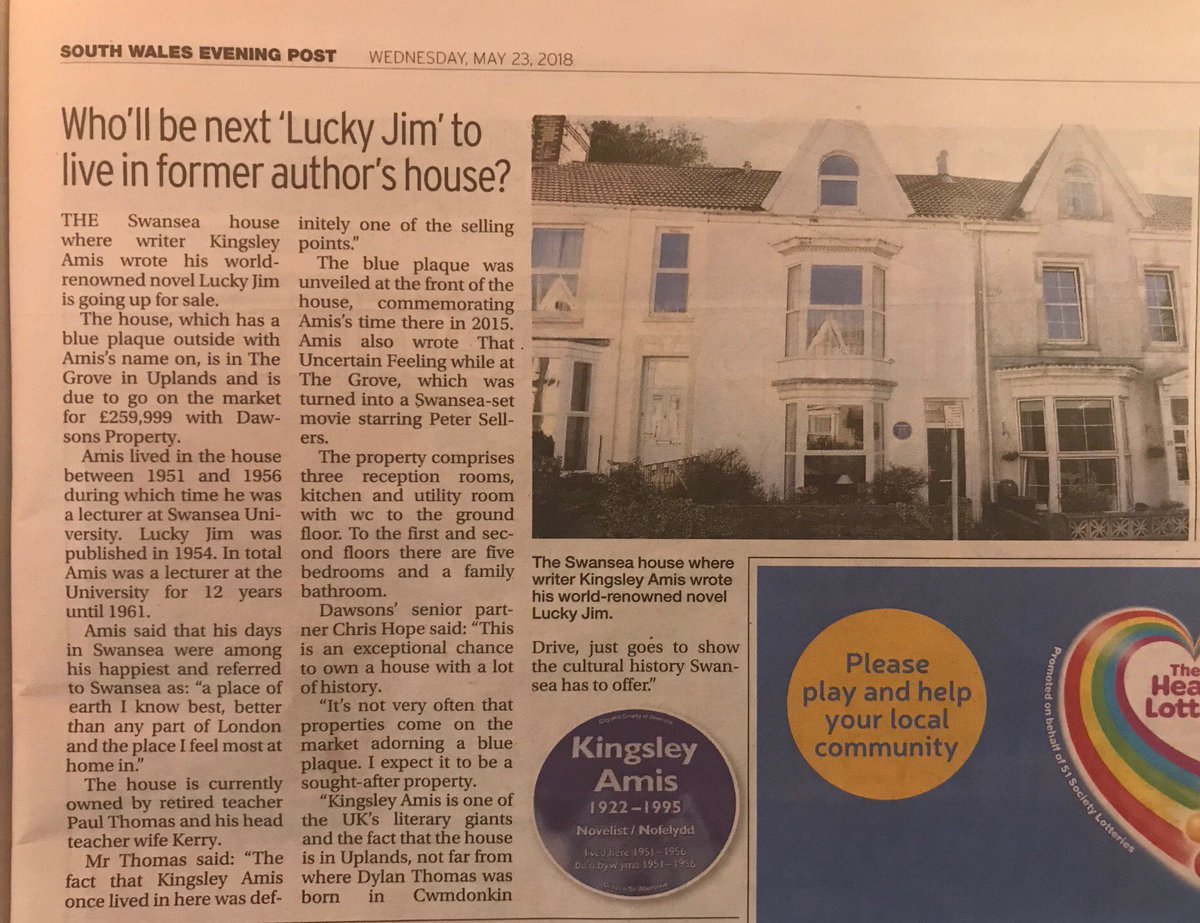 Some great coverage for clients Dawsons on the sale of Kingsley Amis’ former #Swansea home. <a href="/DawsonsProperty/">Dawsons Property</a>