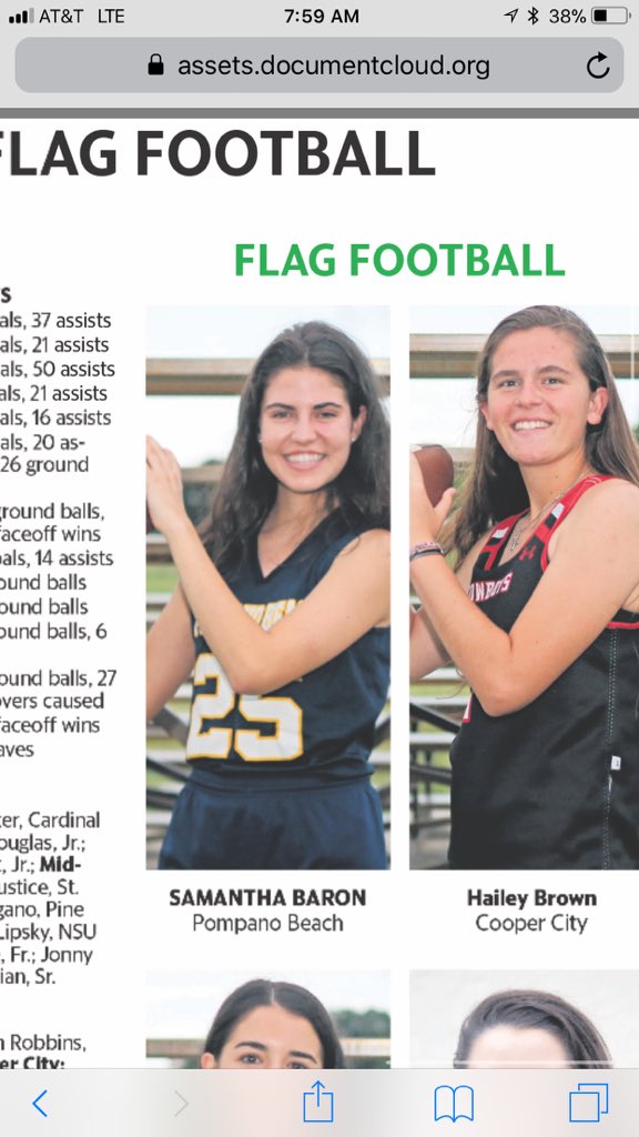 PBHSFlag's tweet photo. Congrats to WR/S Samantha Baron for making 1st Team All County in the Miami Herald. WR Francesca Reyes 2nd team. QB Natalia Philip, Rusher Daphne Leys, &amp; LB Janae Walters honorable mention. A 10th grade QB and 11th gr. Wr. Nice building blocks. https://t.co/egjK3TUXrd