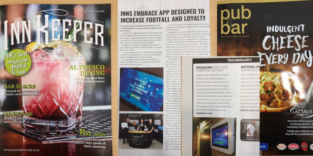 Sentle's tweet photo. Lots of news about EngageInn in the press this month, there’s definitely a buzz around new technology in hospitality and we’re really pleased to be part of it! @PubandBarMag @innkeepermag #pubs #bars #CustomerEngagement #loyalty #poweredbysentle https://t.co/Zi87rUdt96