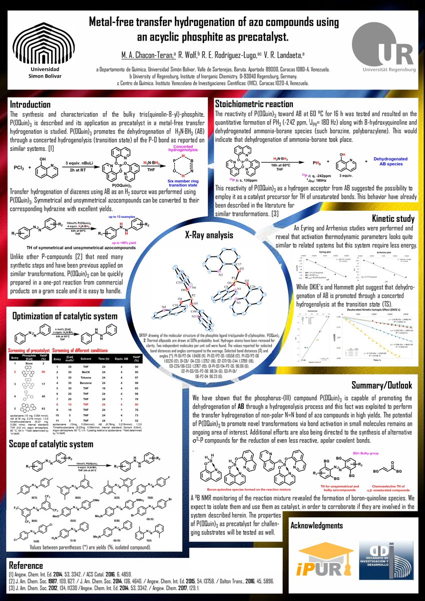 mchacon233's tweet photo. Here we go from Venezuela in the #ACGPoster, A simple acyclic phosphite promote reduction of N=N bonds through transfer hydrogenation using ammonia-borane as hydrogen source. #ChemTrans https://t.co/hyj2RTPIHC