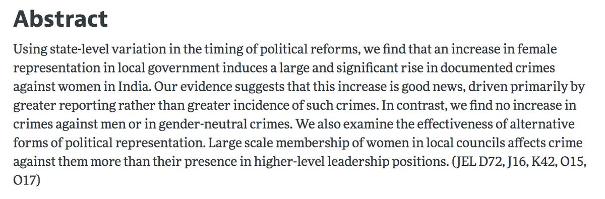 Iyer et al. (2012) "The Power of Political Voice: Women's Political Representation and Crime in India” https://www.aeaweb.org/articles?id=10.1257/app.4.4.165