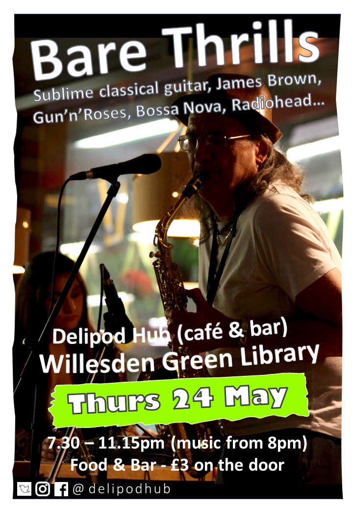 delipodhub's tweet photo. LIVE MUSIC - Bare Thrills - Thurs 24 May - Delipod Hub (café &amp; bar) -Willesden Green Library - #delipodhub #library #livemusic @WillesdenGreen @MakeWillesdenGr @UdensonCaldbeck @NW2_RA @BrentCulture @KensalGreenRA https://t.co/U70uuhXqex