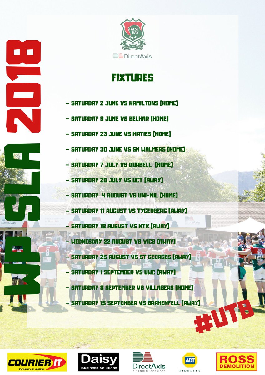 FalseBayRFC's tweet photo. 🗣️ WP SLA FIXTURES 2018  

We look forward to welcoming the False Bay faithfull as we open our 2018 campaign at home on the 2nd June against Hamiltons  🏉

Fill the Bay!!! 🙌🏼

#BehindTheBay
#WpClubRugby
#LoveRugby 
#UTB https://t.co/j6TZLnSQPB