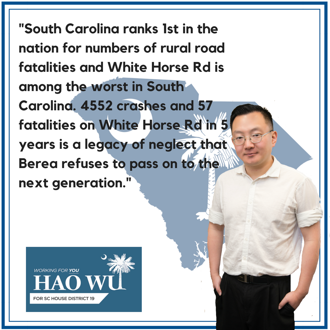HaoWuSC's tweet photo. Fixing White Horse Road is one of the things I am MOST passionate about. District 19 needs proper lighting and road repairs for the safety of our people. #scpol #greenvillesc #whitehorseroad #bereasc #thisishaowedoit https://t.co/7qsD1PhnD2