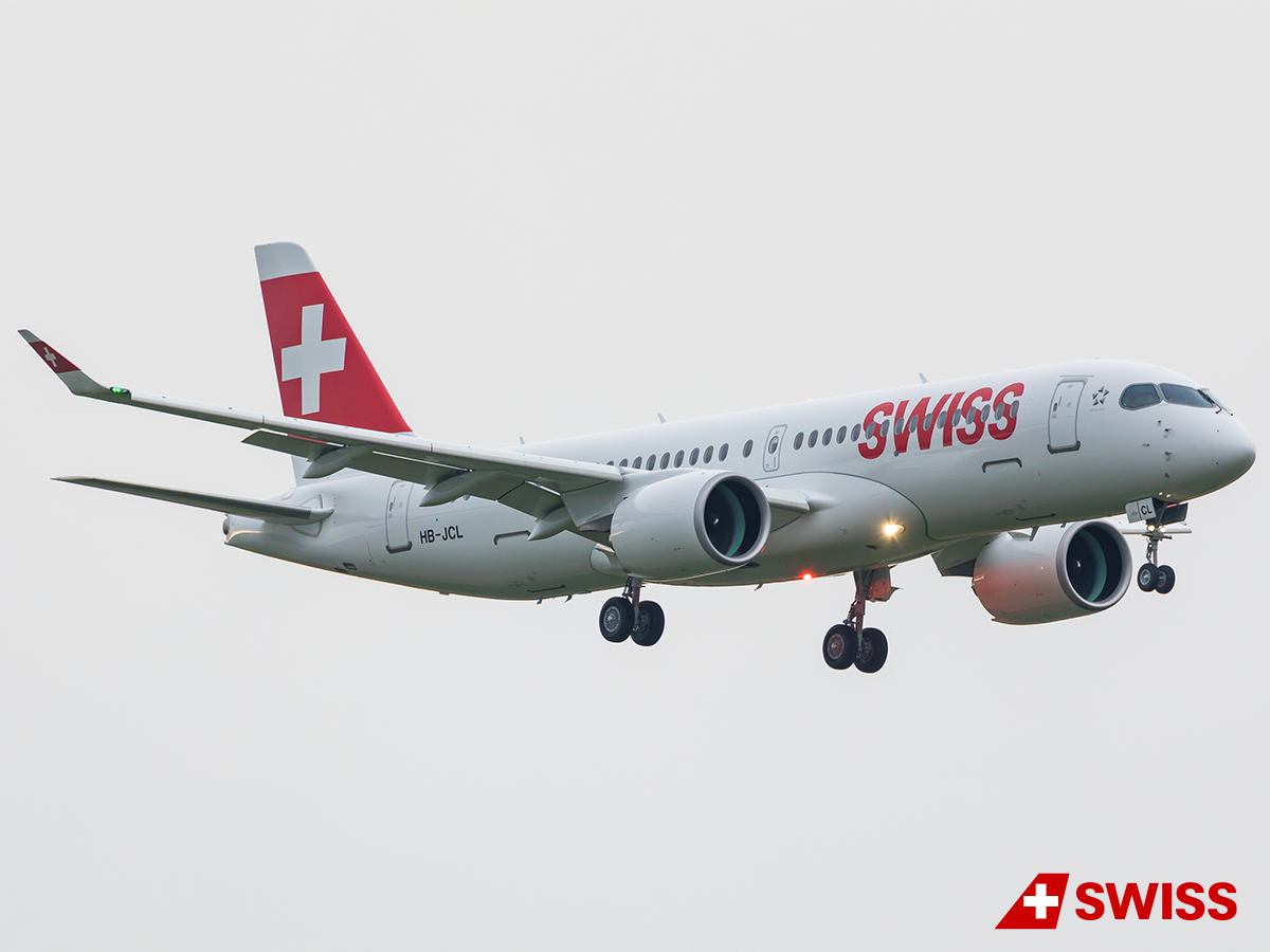 FlySWISS's tweet photo. Our new 12th Bombardier CS300 on its first approach to Zurich from Montréal-Mirabel. Last Saturday, we welcomed our new HB-JCL to the SWISS family! https://t.co/Y1bUC5Qneh