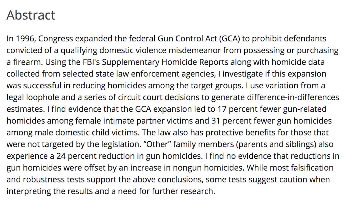 Raissian (2016) "Hold Your Fire: Did the 1996 Federal Gun Control Act Expansion Reduce Domestic Homicides?” https://doi.org/10.1002/pam.21857