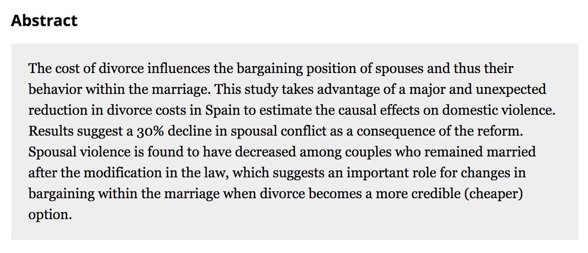 Brassiolo (2016) "Domestic Violence and Divorce Law: When Divorce Threats Become Credible” https://www.journals.uchicago.edu/doi/abs/10.1086/683666