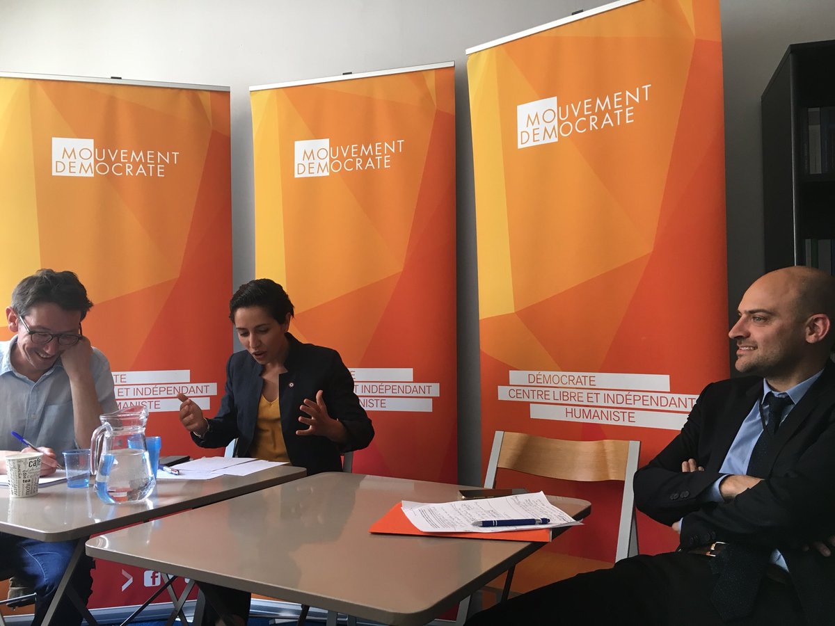 MoDem's tweet photo. 🎙Point presse #Modem #PlanBanlieues ➡️ @sarahelhairy « Le Président a donné un cap clair en expliquant que la banlieue n’est pas un territoire en dehors de la République. » https://t.co/KvUd77FJJE