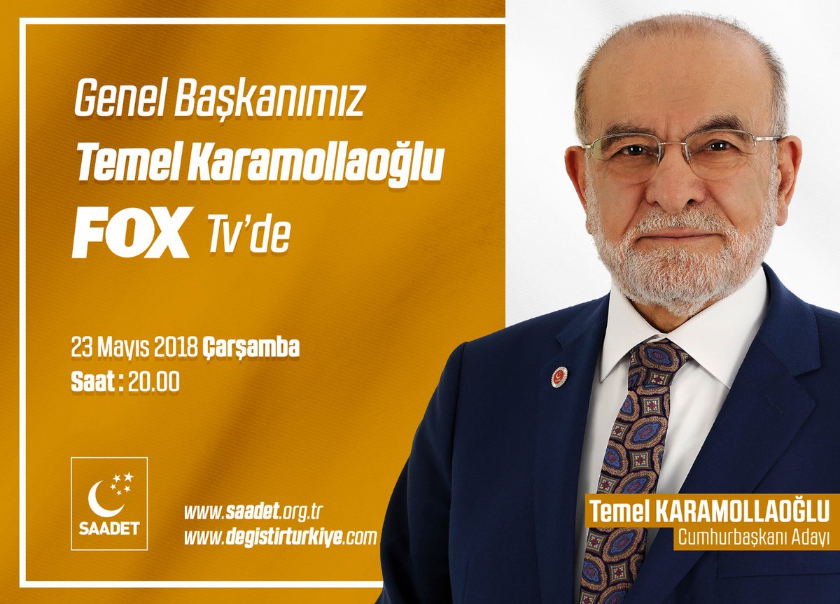Cumhurbaşkanı Adayımız Sayın Temel Karamollaoğlu 23 Mayıs Çarşamba Saat 20.00'de "Liderler Fox'ta" programının konuğu olacaktır.