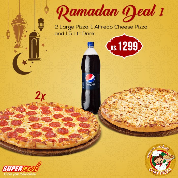 Order 2 Large Pizza, 1 Alfredo Cheese Pizza and 1.5 Ltr Drink. just for Rs. 1299 from #OMyPizza

Order Now: goo.gl/J3rkUX or Call 021 111 775 775

For instant help contact our support team via Live Chat:goo.gl/9qzYCj

#SupermealPK #Ramadan #Karachi #Discounts