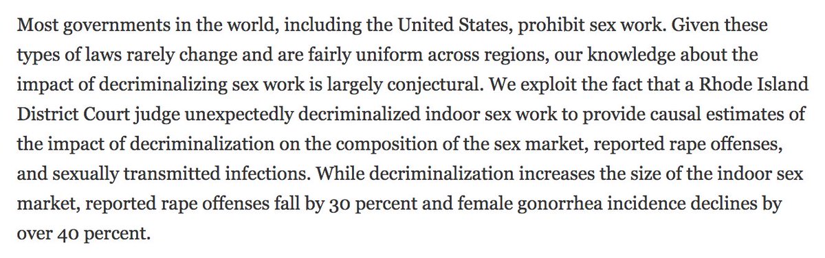 . @causalinf and Shah (2017) "Decriminalizing Indoor Prostitution: Implications for Sexual Violence and Public Health”  http://www.restud.com/paper/decriminalizing-indoor-prostitution-implications-for-sexual-violence-and-public-health/