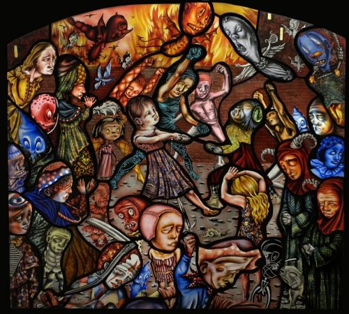 BSMGP's tweet image. Some believe the remarkable #stainedglass of American artist #JudithSchaechter filled with #Grotesques but we see her work firmly in the tradition of great art: Battle of Carnival &amp;amp; Lent 2012 for @easternstate @JuditSchaechter #GargoylesAndGrotesques @Countrymaned @LandscapeIan