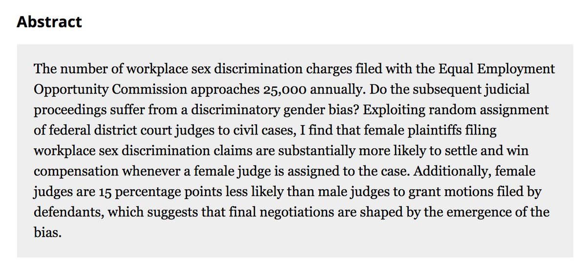 Knepper (2017) "When the Shadow Is the Substance: Judge Gender and the Outcomes of Workplace Sex Discrimination Cases” https://www.journals.uchicago.edu/doi/abs/10.1086/696150