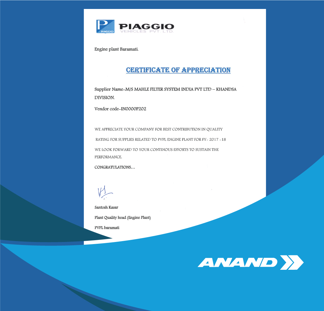 ANANDGroupIndia's tweet photo. #MAHLEFilterSystemsIndia was recently felicitated with the Certificate of Appreciation for 'Best Contribution in Quality Rating for Supplies Related to #PiaggioVehicles Private Limited (PVPL) Plant for 2017-18' by #PVPL. For more information, click here: https://t.co/5KxMZ0T1c4 https://t.co/26p8mxB379