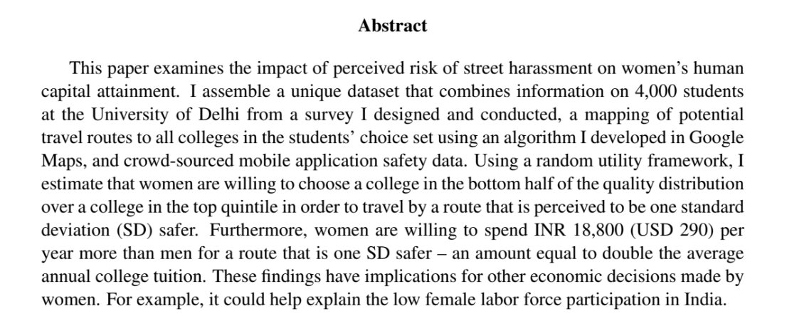 . @g_borker (2018) "Safety First: Perceived Risk of Street Harassment and Educational Choices of Women" https://www.dropbox.com/s/09hrk6nah4f80t0/Borker_JMP.pdf?dl=0