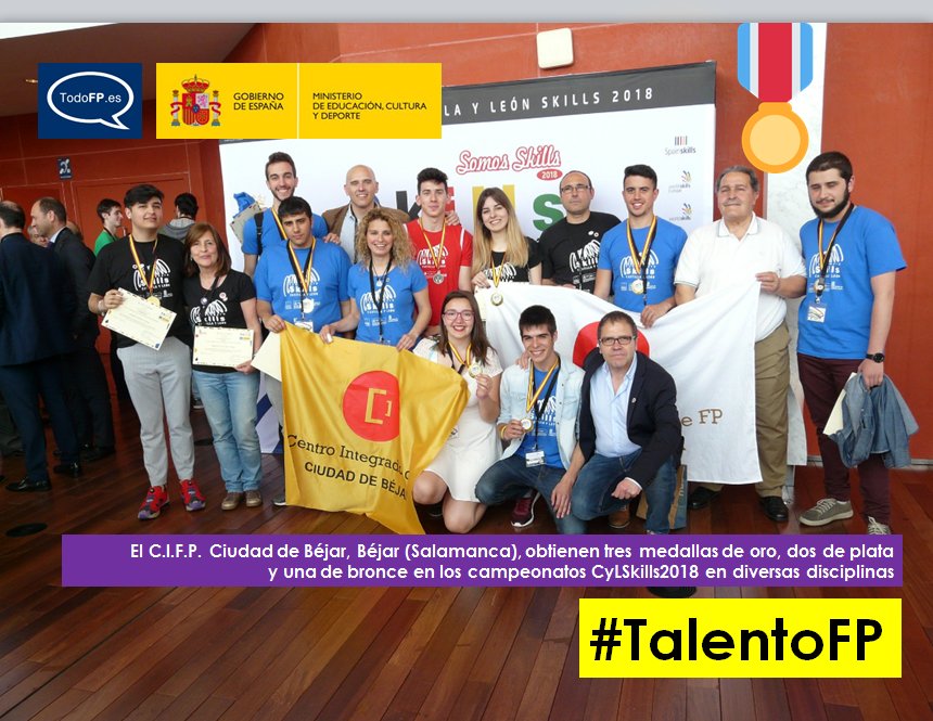 todofp's tweet photo. 🎖️☺️ El @fpbejar, @aytobejar (#Salamanca), ha conseguido tres medallas de oro, dos de plata y una de bronce en los campeonatos de #FP #CyLSkills2018. ¡Felicidades a todos, sois unos auténticos cracks! Gran trabajo de todos, #alumnos y #profesores. Ejemplo de #TalentoFP☺️ https://t.co/ao3qZEIJWx