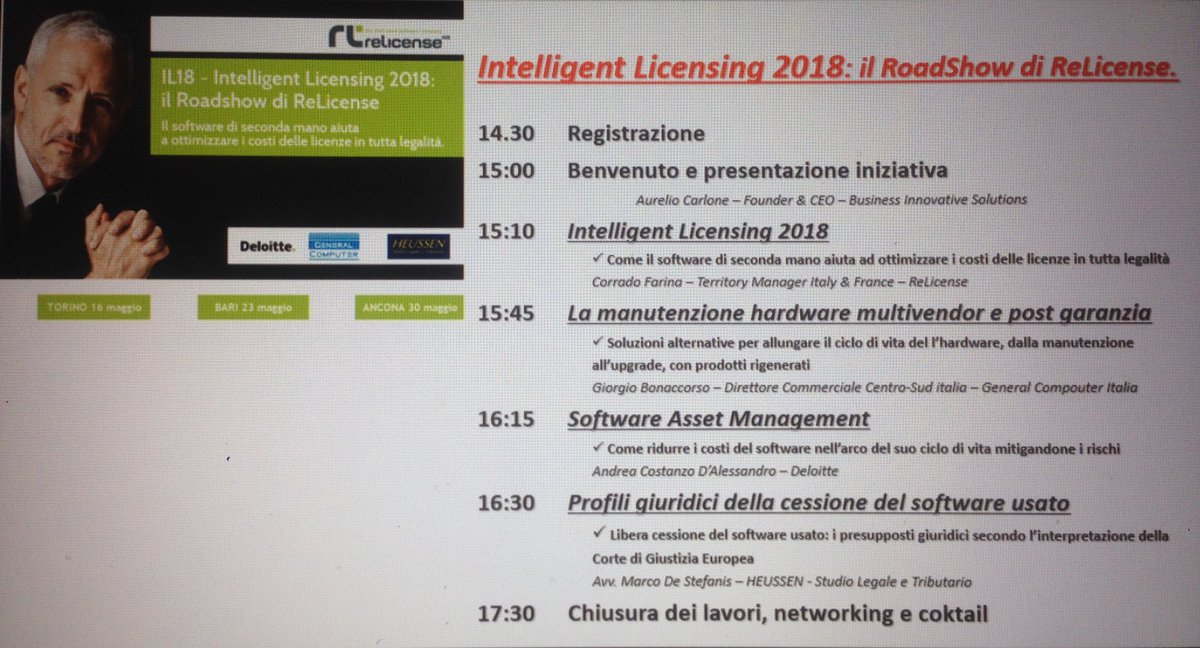 ReLicenseItalia's tweet photo. #IL18 #IntelligentLicensing2018, il RoadShow di #ReLicense ora a #Bari. 
#softwareusato #softwaredisecondamano https://t.co/icbGLEPwDP https://t.co/wOD700wVRF