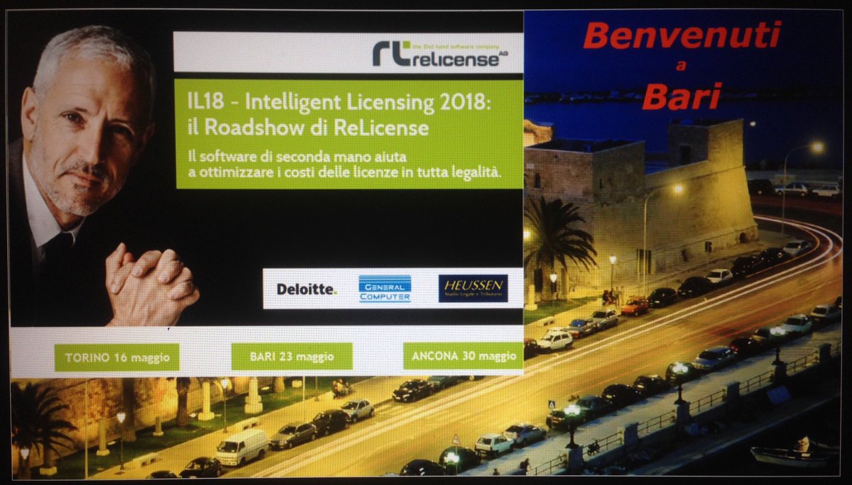 ReLicenseItalia's tweet photo. #IL18 #IntelligentLicensing2018, il RoadShow di #ReLicense ora a #Bari. 
#softwareusato #softwaredisecondamano https://t.co/icbGLEPwDP https://t.co/wOD700wVRF