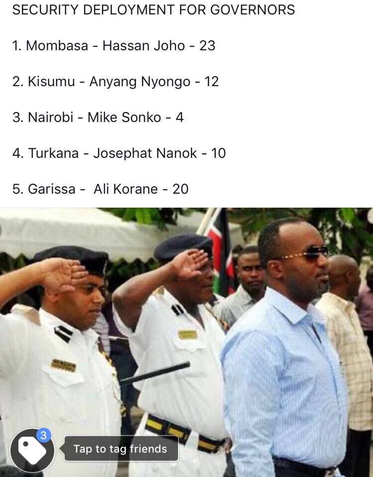 AlexMaritim's tweet photo. Wouldn’t it be interesting to know the criteria that was used, to come up with the number of security officers for each governor? Just asking...but for sure someone is trying to intimidate @MikeSonko https://t.co/75Kr8Kj0Zf