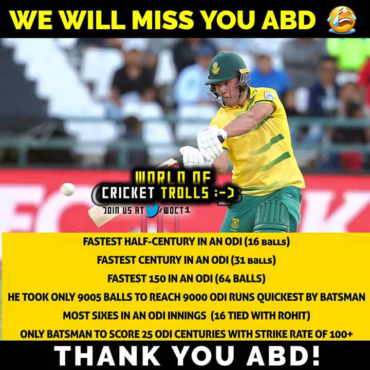 WoCT_Official's tweet photo. You will be missed legend😢 @ABdeVilliers17 #ABretires #ABDevilliers https://t.co/qqBRKUnrBT