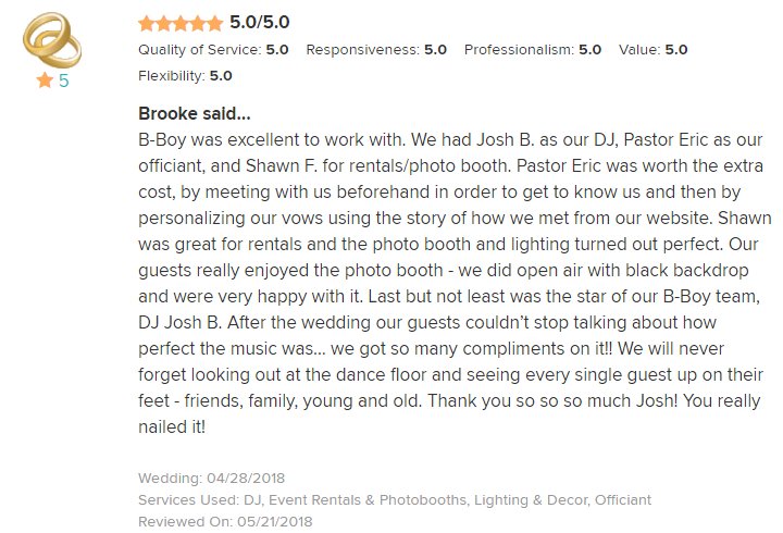 BBoyProdInc's tweet photo. A review like this is so meaningful - our entire team working together to produce an event they'll remember their entire lives. Great work @joshbausch &amp; team. Of course, we couldn't do what we do without our creative partners - thanks #destintowed @BellaFlora30 @TheHendersonFL https://t.co/LOVHKgPIej