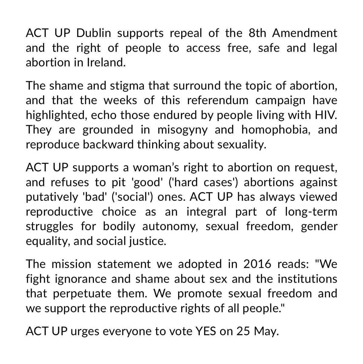 ActUpDublin's tweet photo. ACT UP urges everyone to vote YES on 25 May. 
#Together4Yes https://t.co/nQo6lIBjI9